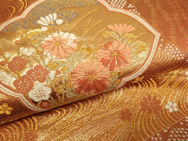 平和屋本店▼六通柄袋帯　唐織　草花文　本金二重箔　正絹　逸品　DABJ3946du