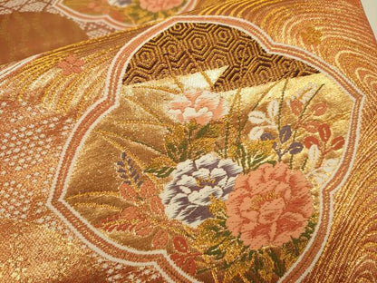 平和屋本店▼六通柄袋帯　唐織　草花文　本金二重箔　正絹　逸品　DABJ3946du