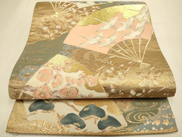 平和屋着物▼六通柄袋帯　宗達扇集文　雁金錦　正絹　逸品　DABJ3947du