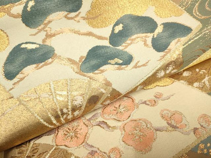 平和屋着物▼六通柄袋帯　宗達扇集文　雁金錦　正絹　逸品　DABJ3947du
