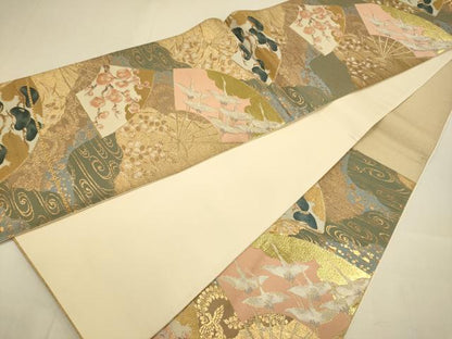 平和屋着物▼六通柄袋帯　宗達扇集文　雁金錦　正絹　逸品　DABJ3947du