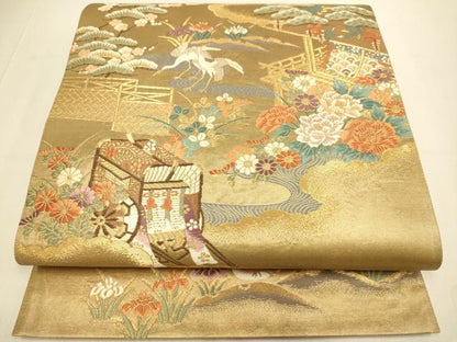 平和屋本店▼六通柄袋帯　桃山御所車文　本金箔　正絹　逸品　DABJ3949du