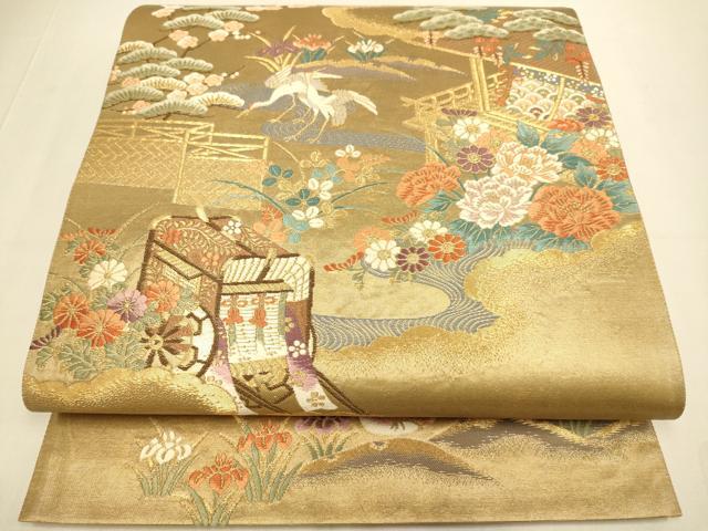 平和屋本店▼六通柄袋帯　桃山御所車文　本金箔　正絹　逸品　DABJ3949du