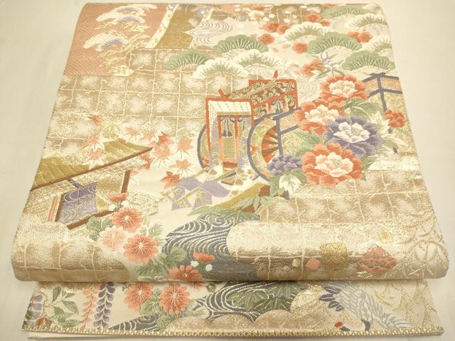 平和屋本店▼六通柄袋帯　唐織　雲取御所車　純金箔　正絹　逸品　DABJ3950du