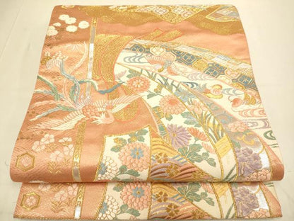 平和屋本店▼六通柄袋帯　能衣紅型調熨斗目文　純金箔　正絹　逸品　DABJ3951du