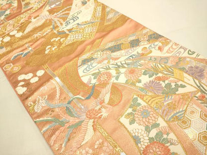 平和屋本店▼六通柄袋帯　能衣紅型調熨斗目文　純金箔　正絹　逸品　DABJ3951du