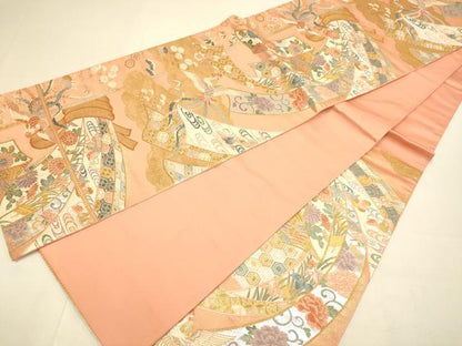 平和屋本店▼六通柄袋帯　能衣紅型調熨斗目文　純金箔　正絹　逸品　DABJ3951du