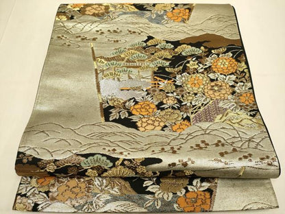 平和屋本店▼六通柄袋帯　草花文　純金二重引箔織　正絹　逸品　DABJ3953du