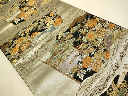 平和屋本店▼六通柄袋帯　草花文　純金二重引箔織　正絹　逸品　DABJ3953du