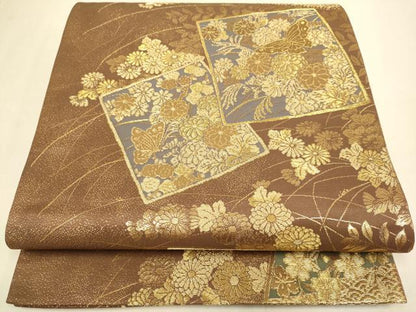 平和屋本店▼六通柄袋帯　色紙花蝶文　本金箔　正絹　逸品　DABJ3956du