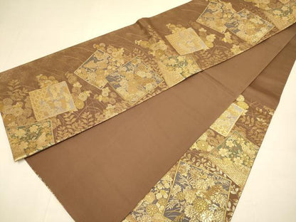 平和屋本店▼六通柄袋帯　色紙花蝶文　本金箔　正絹　逸品　DABJ3956du