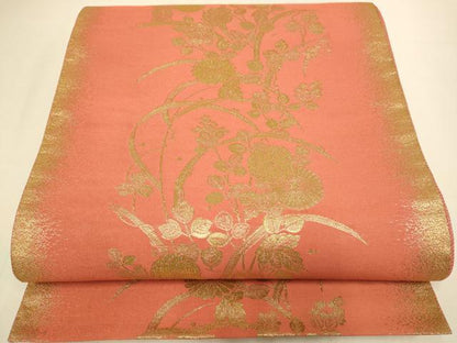 平和屋本店▼六通柄袋帯　紹巴　草花文　東綾苑　本金箔　正絹　逸品　DABJ3958du