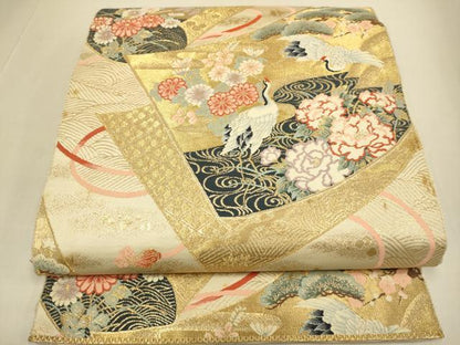 平和屋本店▼六通柄袋帯　飛鶴花文　本金箔　正絹　逸品　DABJ3965du