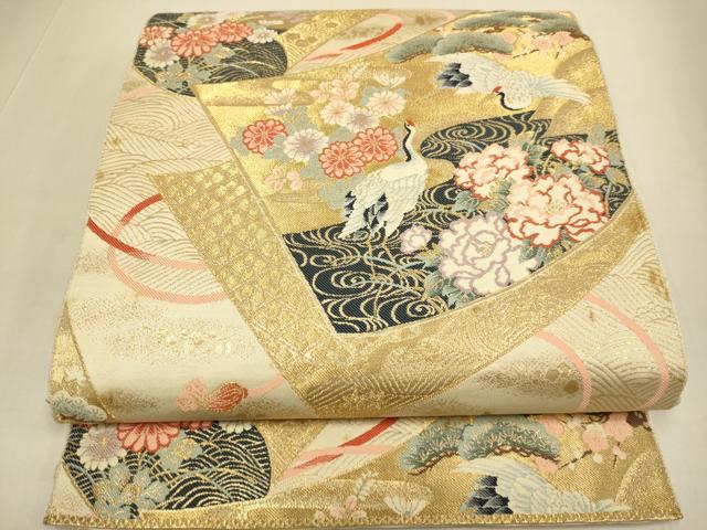 平和屋本店▼六通柄袋帯　飛鶴花文　本金箔　正絹　逸品　DABJ3965du