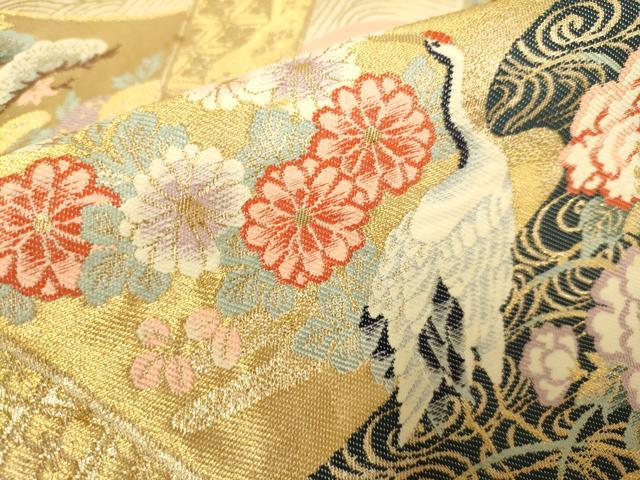 平和屋本店▼六通柄袋帯　飛鶴花文　本金箔　正絹　逸品　DABJ3965du