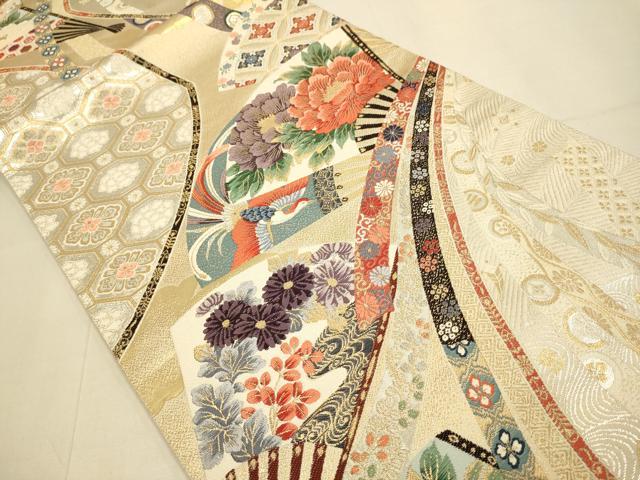 平和屋本店▼西陣　橋本織物謹製　六通柄袋帯　扇面鳳凰花文　純金箔　証紙付き　正絹　逸品　DABJ3968du