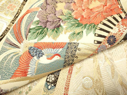 平和屋本店▼西陣　橋本織物謹製　六通柄袋帯　扇面鳳凰花文　純金箔　証紙付き　正絹　逸品　DABJ3968du