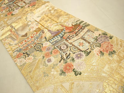 平和屋本店▼六通柄袋帯　扇面鉾山車　九百本金弐重織　正絹　逸品　DABJ3976du