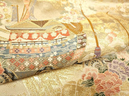 平和屋本店▼六通柄袋帯　扇面鉾山車　九百本金弐重織　正絹　逸品　DABJ3976du