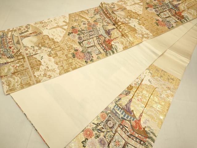 平和屋本店▼六通柄袋帯　扇面鉾山車　九百本金弐重織　正絹　逸品　DABJ3976du
