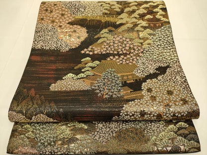 平和屋本店▼六通柄袋帯　王庭名園錦　純金二重箔　正絹　逸品　DABJ3977du
