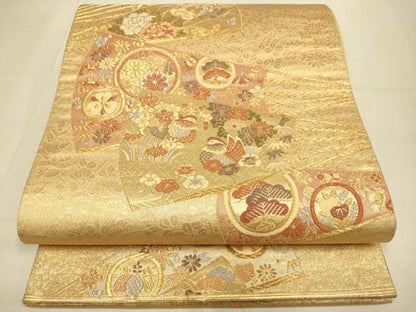 平和屋本店▼六通柄袋帯　扇面鴛鴦花文　箔宝錦　本金箔　正絹　逸品　DABJ3979du