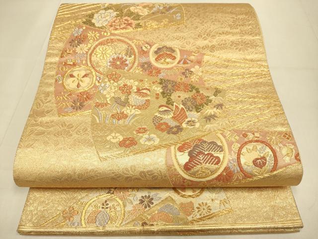 平和屋本店▼六通柄袋帯　扇面鴛鴦花文　箔宝錦　本金箔　正絹　逸品　DABJ3979du