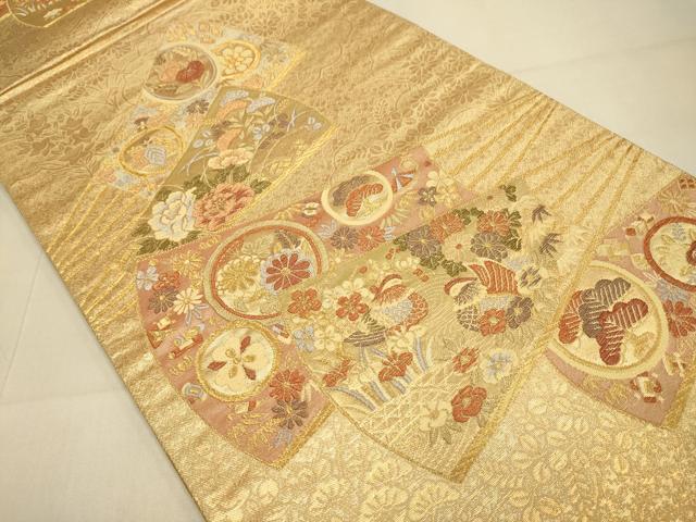 平和屋本店▼六通柄袋帯　扇面鴛鴦花文　箔宝錦　本金箔　正絹　逸品　DABJ3979du