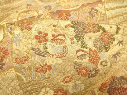 平和屋本店▼六通柄袋帯　扇面鴛鴦花文　箔宝錦　本金箔　正絹　逸品　DABJ3979du