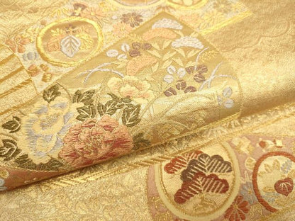 平和屋本店▼六通柄袋帯　扇面鴛鴦花文　箔宝錦　本金箔　正絹　逸品　DABJ3979du