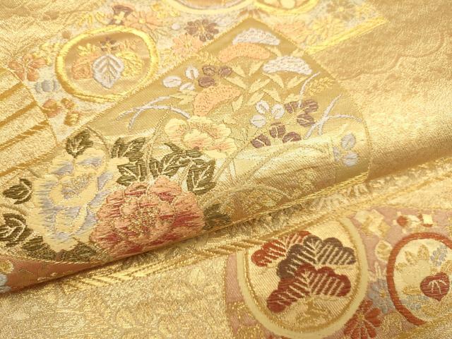 平和屋本店▼六通柄袋帯　扇面鴛鴦花文　箔宝錦　本金箔　正絹　逸品　DABJ3979du