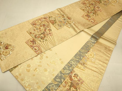 平和屋本店▼六通柄袋帯　扇面鴛鴦花文　箔宝錦　本金箔　正絹　逸品　DABJ3979du
