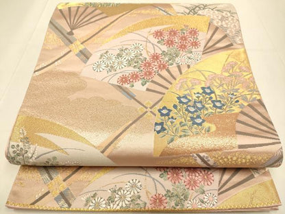 平和屋本店▼六通柄袋帯　扇面草花文　純金箔　正絹　逸品　DABJ3987du
