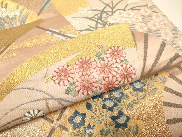 平和屋本店▼六通柄袋帯　扇面草花文　純金箔　正絹　逸品　DABJ3987du