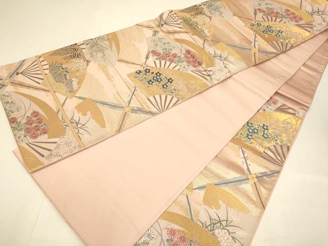 平和屋本店▼六通柄袋帯　扇面草花文　純金箔　正絹　逸品　DABJ3987du