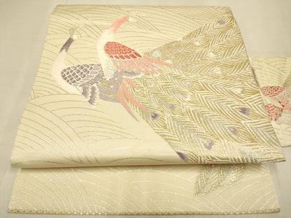平和屋本店▼九寸名古屋帯　孔雀　錦　本金箔　二重織　正絹　逸品　DABJ3988du