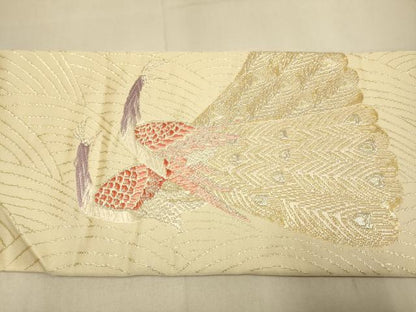 平和屋本店▼九寸名古屋帯　孔雀　錦　本金箔　二重織　正絹　逸品　DABJ3988du
