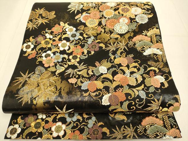 平和屋本店▼六通柄袋帯　花菱文　本金漆箔　黒地　正絹　逸品　DABJ3993du