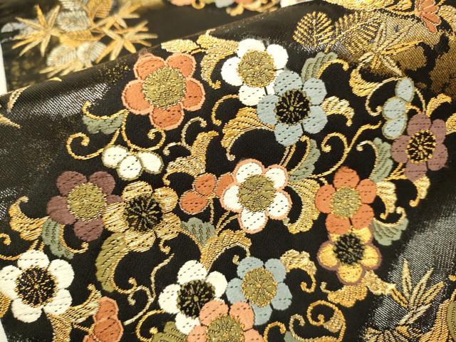 平和屋本店▼六通柄袋帯　花菱文　本金漆箔　黒地　正絹　逸品　DABJ3993du