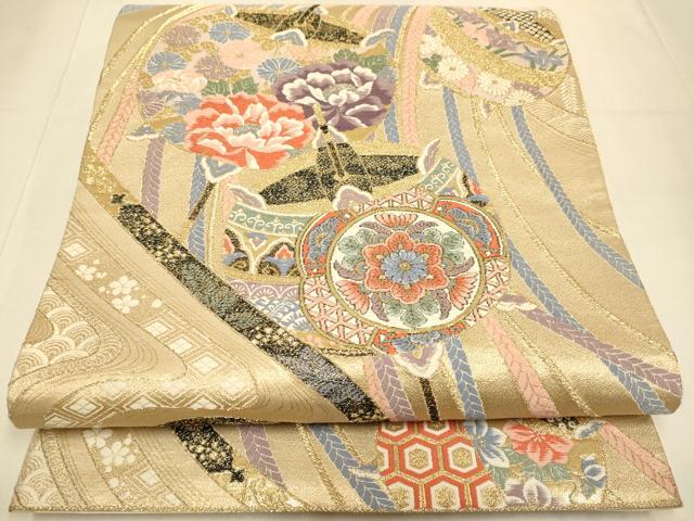 平和屋本店▼六通柄袋帯　流麗糸車文　九百錦24K本金箔　正絹　逸品　DABJ3994du