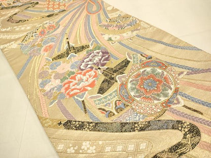 平和屋本店▼六通柄袋帯　流麗糸車文　九百錦24K本金箔　正絹　逸品　DABJ3994du