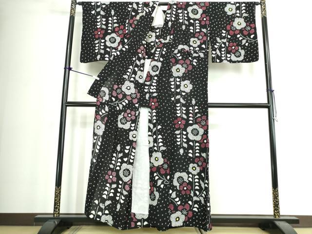 平和屋着物∴夏物　浴衣　有松鳴海絞り　枝花文　黒地　綿　逸品　DABJ4017cd