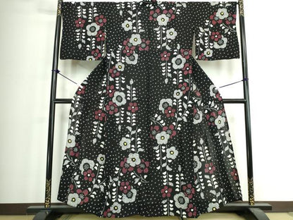 平和屋着物∴夏物　浴衣　有松鳴海絞り　枝花文　黒地　綿　逸品　DABJ4017cd