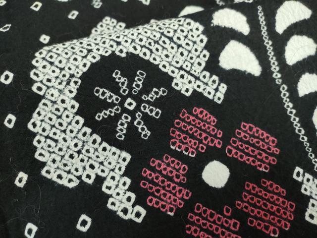 平和屋着物∴夏物　浴衣　有松鳴海絞り　枝花文　黒地　綿　逸品　DABJ4017cd