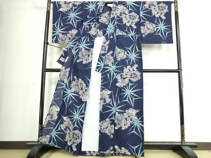 平和屋着物∴夏物　世界的ファッションデザイナー　山本寛斎　kansaiブランド　小紋・浴衣兼用　唐獅子　日本製　綿麻　逸品　DABJ4042cd