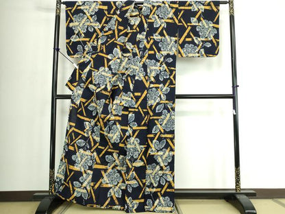 平和屋着物∴夏物　浴衣　注染　手縫い　草花文　綿　逸品　DABJ4066cd