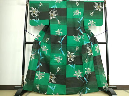 平和屋着物∴夏物　浴衣　注染　手縫い　枝花文　百合　逸品　DABJ4067cd