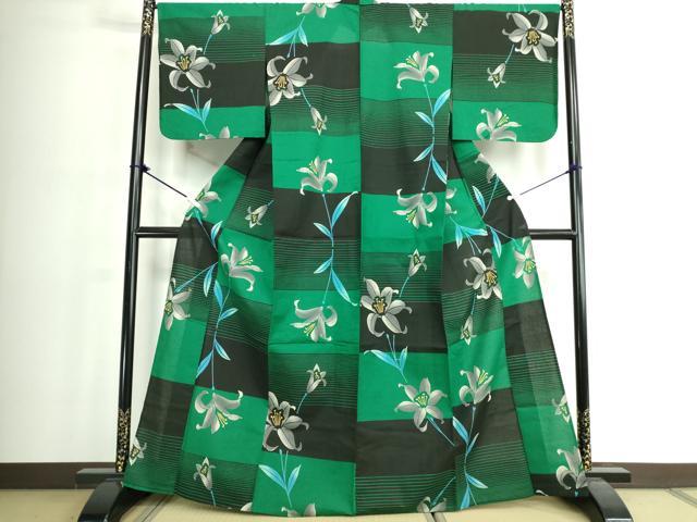 平和屋着物∴夏物　浴衣　注染　手縫い　枝花文　百合　逸品　DABJ4067cd