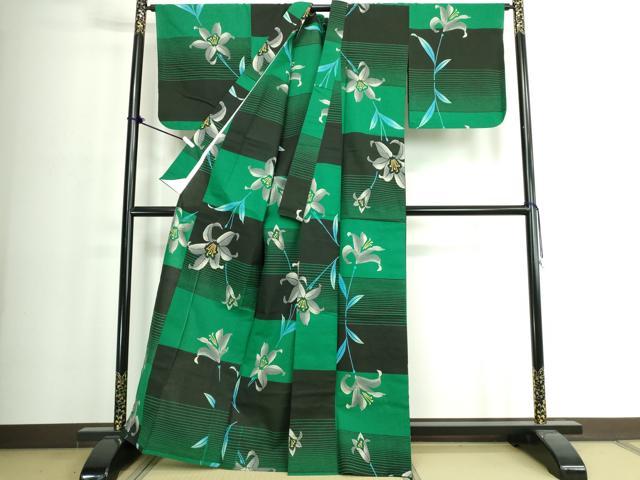平和屋着物∴夏物　浴衣　注染　手縫い　枝花文　百合　逸品　DABJ4067cd