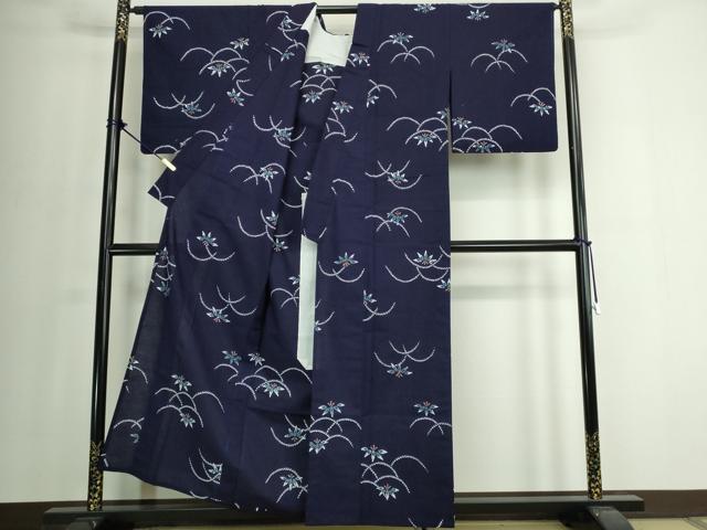 平和屋着物∴夏物　浴衣　注染　手縫い　芝花文　綿　逸品　DABJ4069cd